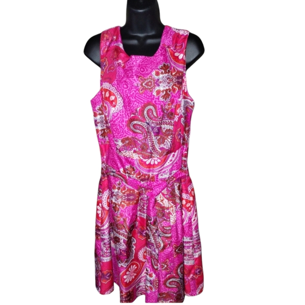 Amanda Charles belted lined sleeveless hot pink Paisley dress